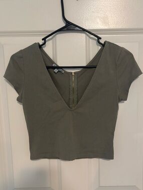 Charlotte Rousse Olive Green V-Neck Crop Top with Back Zip